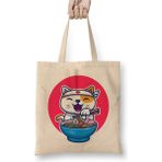 Toyaso Noodle Yiyen Japon Kedi Cat Beyaz Bez Çanta Uzun Saplı Alışveriş Çantası Plaj Çantası - 34*40 cm - 001-Beyaz