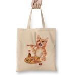 Toyaso Sushi Cat Kedi Sevimli Beyaz Bez Çanta Uzun Saplı Alışveriş Çantası Plaj Çantası - 34*40 cm - 001-Beyaz