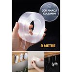 TOYFEST 5 Metre Çift Taraflı Nano Bant Süper Güçlü Şeffaf Jel Silikon Duvar Çerçeve Askı Bandı
