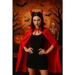 TOYFEST Kırmızı Şeytan Pelerini 120 cm ve Boynuzlu Taç – Halloween Kostüm Seti
