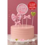 TOYFEST Pembe Fiyonklu Happy B-Day Pasta Süsü 3’lü Set – Altın Kalpli Simli Doğum Günü Dekoru