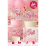 TOYFEST Pembe Kelebekli Pasta Süsü 2’li Set – Simli Happy Birthday Tasarım Doğum Günü Dekoru