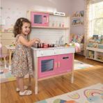 Toysilla Gerçekçi Ahşap Çocuk Mutfak Seti - LED Işıklı Ocak & Lavabo - Pembe