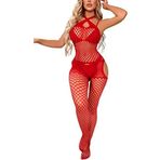TOYTEM Kadınlar için Vücut Çorapları Seksi, Tek Parça File Tulum, Kadınlar için File İç Çamaşırı Oymak, Tulum ve Gecelik, Kırmızı, Tek Beden