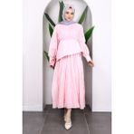 Toz Pembe Kuşak Detaylı Kraş Elbise - 42 - 44