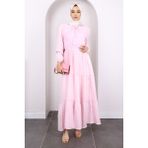 Toz Pembe Yaka Bağlamalı Eteği Katlı Muslin Elbise - 42