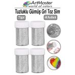 Toz Sim Gümüş Gri 4 Adet 7 Gr Tuzluklu Etkinlik Ders Okul Slime Dekorasyon Renkli Toz Sim Dekor Süsleme