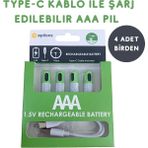 Tp USB Type-C ile Şarjolabilen 4 Adet Aaa 1.5V Lityum Şarjlı Kalem Pil 750 Mah Uzun Ömürlü ( Lisinya )