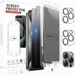TQLGY IPhone 15 Pro Max Gizlilik Ekran Koruyucu için 2+2 Paket, Otomatik Toz Giderme Kurulumu, Kamera Lens Koruyuculu Anti-Spy Temperli Cam, 9H Sertlik, Kabarcıksız, Kılıf Dostu
