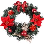 Trade Bazaar 30 cm Kırmızı Altın Noel Kapı Çelengi | Çam Kozalı ve Poinsettia Çiçekli Şömine & Duvar Dekoru