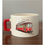 Tramvay Görselli Kırmızı Kulplu Fincan Seramik Kupa - Seramik Çay, Kahve Hediyelik Bardağı - Krem - 1 Adet