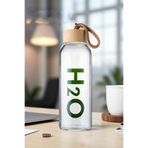Transformacion Borosilikat Cam Su Matarası, 800 ml, Bambu Kapaklı, H2O Yazılı, Taşıma İpli, Ofis ve Spor için