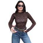 Transparan Kumaş Leopar Desenli Parmak Geçmeli Bluz, Uzun Kollu, Kahverengi (M)