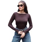 Transparan Kumaş Uzun Kollu Bluz, Kadın Crop Top, Beyaz Siyah Kahverengi (Kahve, S)
