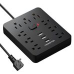 TRANSTON 9 Çıkışlı 3 USB Bağlantı Noktalı Güç Şeridi, Yangına Dayanıklı Masaüstü Şarj İstasyonu, Düz Fişli Duvara Monte 1,5 m Uzunluğunda Uzatma Kablosu, Ev ve Ofis için, Siyah