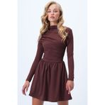 Trend Alaçatı Stili Acı Kahve Düşük Yaka Drape Detaylı Sandy Kloş Elbise ALC-X14371