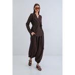 Trend Alaçatı Stili Acı Kahve Sofia Keten Paçası Lastikli Jogger Pantolon Ve Kendinden Kemerli Ceket Takım ALC-X15299