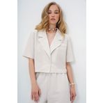 Trend Alaçatı Stili Açık Bej Tek Düğme Kısa Kollu Keten Yazlık Crop Ceket ALC-X14145