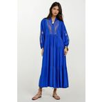 Trend Alaçatı Stili ALC-X11992 Kadın Saks Hakim Yaka Sim Nakışlı Maxi Boy Dokuma Elbise