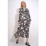 Trend Alaçatı Stili ALC-X12035 Kadın Pudra Hakim Yaka Önü Düğmeli Beli Kemerli Desenli Dokuma Viskon Elbise