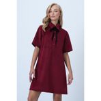 Trend Alaçatı Stili ALC-X14536 Bordo Polo Yaka Yarım Pat Düğmeli Dokulu Kadife Mini Elbise