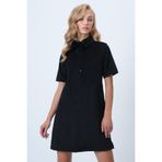 Trend Alaçatı Stili ALC-X14536 Siyah Polo Yaka Yarım Pat Düğmeli Dokulu Kadife Mini Elbise