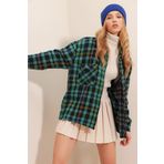 Trend Alaçatı Stili ALC-X7264 Kadın Yeşil Tek Cepli Oversize Kaşe Gömlek