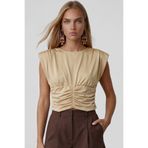 Trend Alaçatı Stili Bej Bisiklet Yaka Drape Detaylı Vatkalı Sandy Bluz Alc-X15485