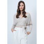Trend Alaçatı Stili Bej Ön Arka Kruvaze Yaka Bağlama Detaylı Crop Bluz ALC-X14346