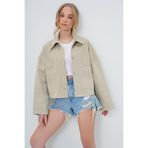 Trend Alaçatı Stili Bej Torba Cepli Crop Jean Ceket ALC-X13562