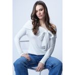 Trend Alaçatı Stili Beyaz Carmen Yaka Fiyonk Bağlamalı Örme Bluz ALC-X14558