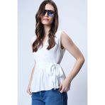 Trend Alaçatı Stili Beyaz Kruvaze Yaka Eteği Volanlı Kendinden Kuşaklı Yazlık Poplin Bluz ALC-X14126