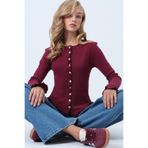 Trend Alaçatı Stili Bordo Bisiklet Yaka Fırfır Detaylı Önü Düğmeli Örme Bluz ALC-X14533