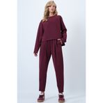 Trend Alaçatı Stili Bordo Bisiklet Yaka Geniş Kesim Bluz Ve Önü Pileli Çift Cepli Pantolon Takım ALC-X14553