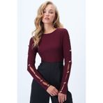 Trend Alaçatı Stili Bordo Bisiklet Yaka Kolu Gold Düğme Detaylı Ottoban Bluz ALC-X14336