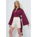 Trend Alaçatı Stili Bordo Geniş Manşetli Kol Detaylı Önü Bağlamalı Poplin Gömlek ALC-X13750