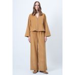 Trend Alaçatı Stili Camel Hakim Yaka Gold Düğme Detaylı Kadife Ceket Ve Palazzo Pantolon İkili Takım ALC-X14633