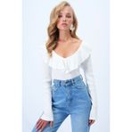 Trend Alaçatı Stili Ekru V Yaka Volanlı Yumuşak Dokulu Bluz ALC-X14364