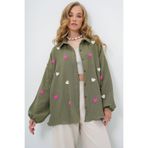 Trend Alaçatı Stili Haki Süzene Kalp İşlemeli Oversize Müslin Keten Gömlek ALC-X13791