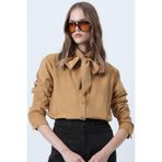 Trend Alaçatı Stili Hardal Kendinden Kuşaklı Oversize Kadife Gömlek ALC-X14622
