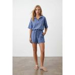 Trend Alaçatı Stili İndigo Polo Yaka Keten Bluz Ve Şort Takım Alc-X13947