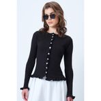 Trend Alaçatı Stili Kadın Acı Kahve Bisiklet Yaka Fırfır Detaylı Önü Düğmeli Örme Bluz ALC-X14533