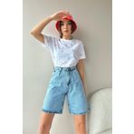 Trend Alaçatı Stili Kadın Açık Mavi Yüksek Bel Wide Leg Bermuda Denim Şort ALC-X8174