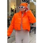 Trend Alaçatı Stili Kadın Açık Turuncu Dik Yaka Çift Cepli Beli Lastikli Şişme Puffer Mont