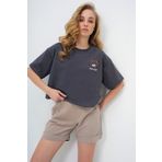 Trend Alaçatı Stili Kadın Antrasit Bisiklet Yaka Ayıcık Motifli Oversize Crop T-Shırt ALC-X13675