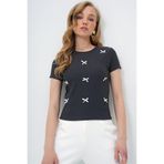 Trend Alaçatı Stili Kadın Antrasit Bisiklet Yaka Fiyonk Süslü Crop Bluz ALC-X13671