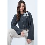 Trend Alaçatı Stili Kadın Antrasit Çiçek Broş Aksesuarlı Triko Hırka ALC-X14689