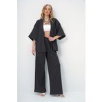 Trend Alaçatı Stili Kadın Antrasit Duble Kol Bürümcük Kumaş Yazlık Kimono Ve Pantolon Takım ALC-X13466