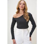 Trend Alaçatı Stili Kadın Antrasit Kayık Yaka Tek Omuzu Açık Kaşkorse Bluz ALC-X13068