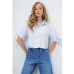 Trend Alaçatı Stili Kadın Bebe Mavi Kendinden Desenli Kolları Bağlamalı Dokuma Crop Gömlek ALC-X13972